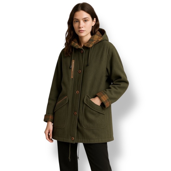 Vtg Women Green Wool Parka Coat L Hooded Plaid Trim Forestcore Cottagecore Hygge